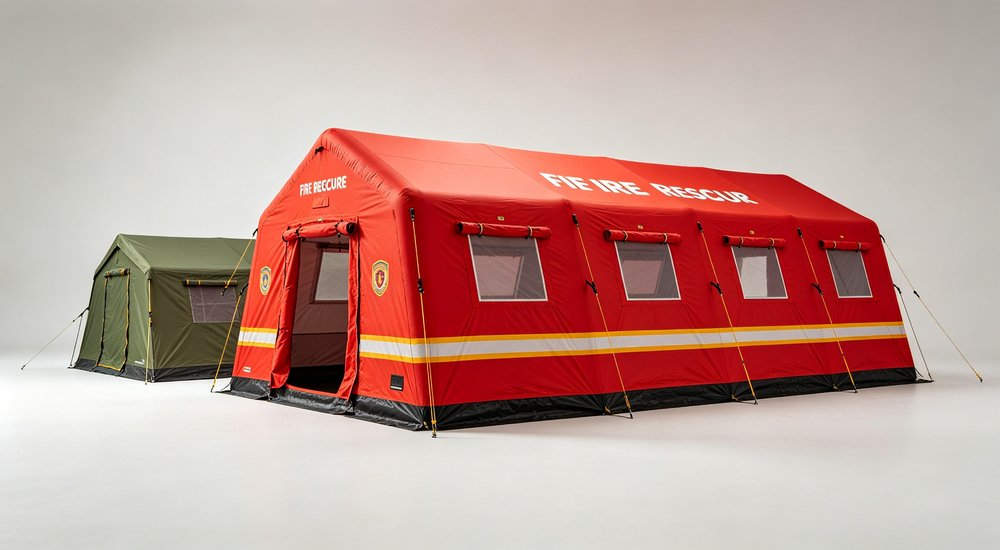 Time lapse sequence of fire rescue inflatable tent inflation process showing deflated, half inflated and fully inflated red tent with firefighters and electric pump, professional product photography