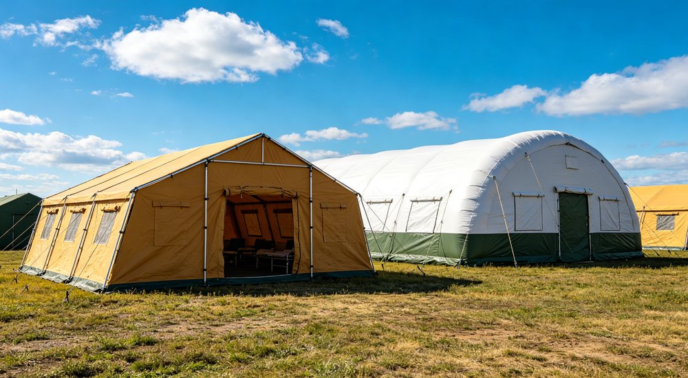 Professional emergency relief tent photographed in field deployment showing sturdy construction waterproof fabric and steel frame design suitable for disaster response and humanitarian aid operations