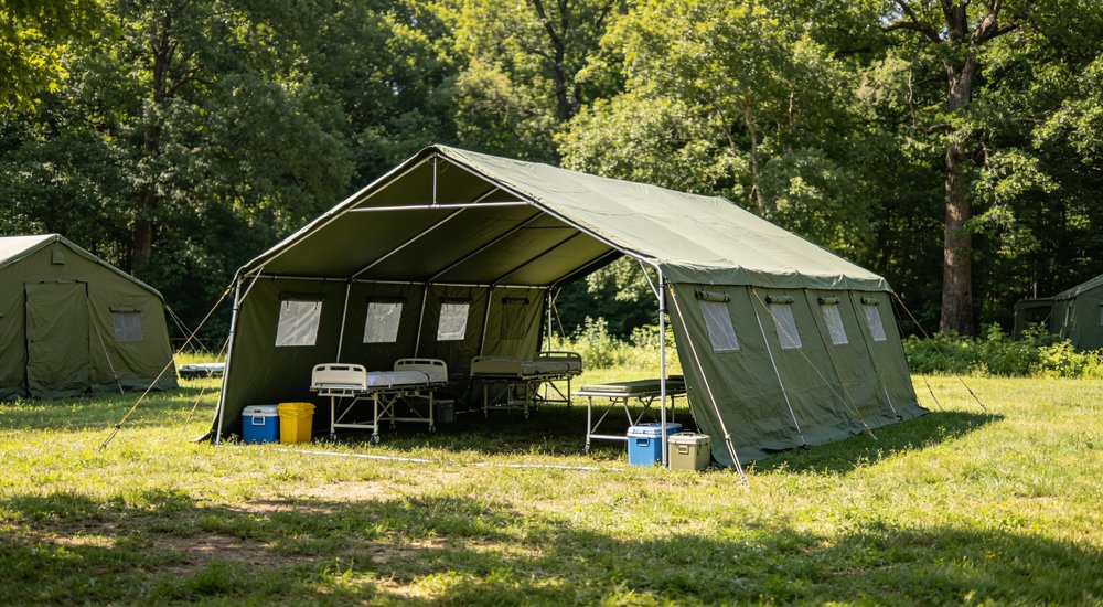 Emergency response tent captured during active deployment showing professional grade construction wind resistant frame and waterproof covering designed for long term use in challenging field conditions