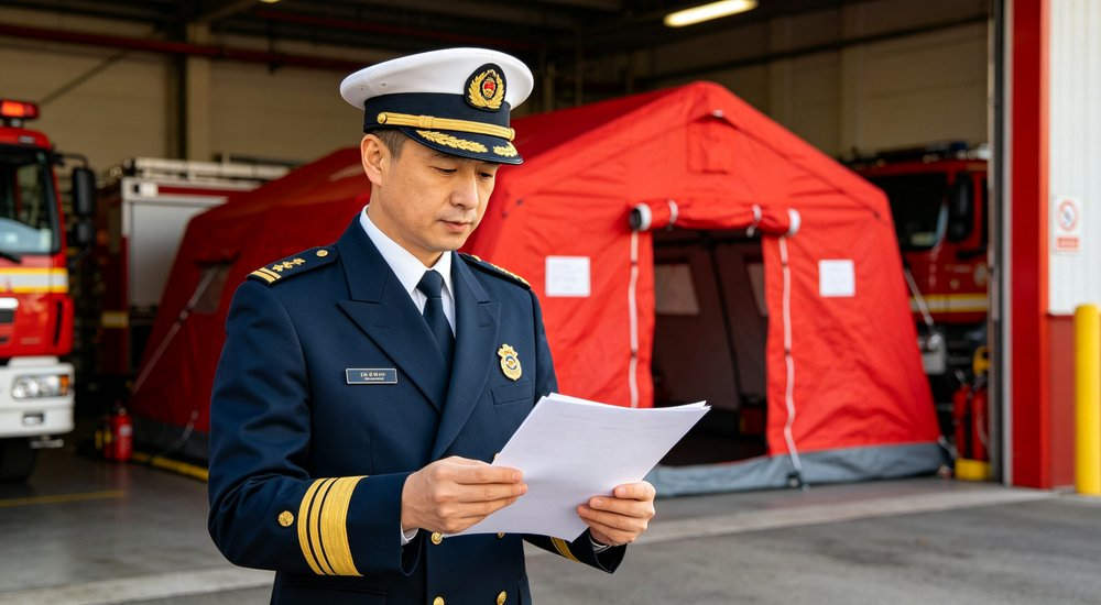 Red fire rescue inflatable tent secured with metal ground stakes and guy ropes on asphalt surface, closeup of anchoring system, professional product photography