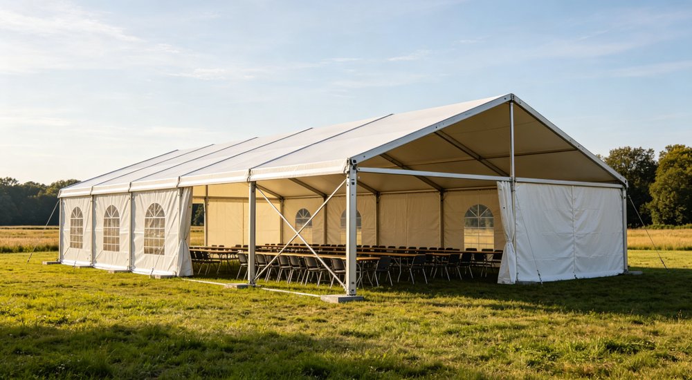 Professional emergency relief tent photographed in field deployment showing sturdy construction waterproof fabric and steel frame design suitable for disaster response and humanitarian aid operations