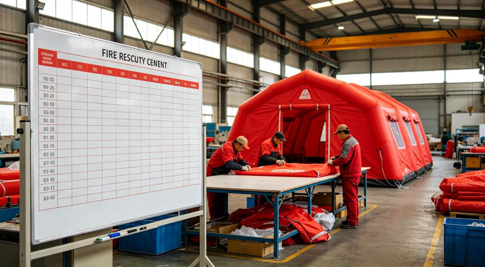 Forest fire command center with multiple red inflatable tents arranged in mountain area, fire vehicles and personnel, aerial view, professional B2B product photography