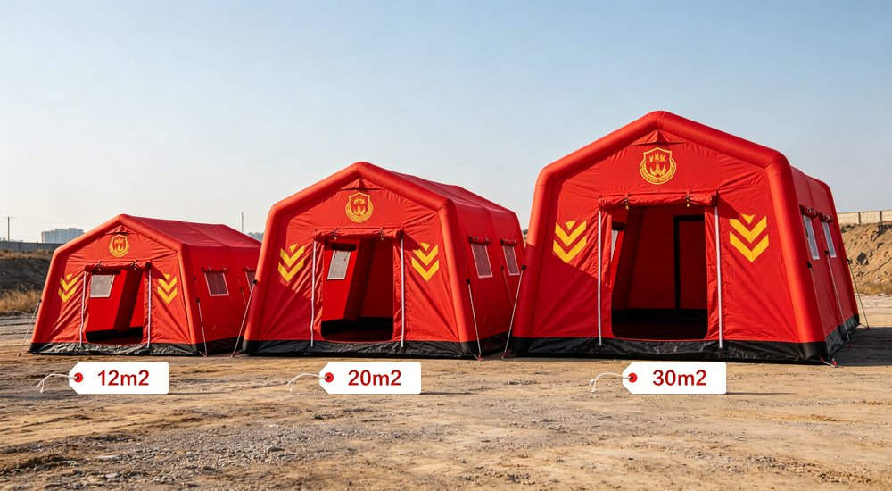 Fire rescue inflatable tent in strong wind with dust and debris flying, tent structure stable, guy lines tensioned, professional B2B photography