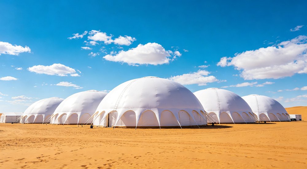 Emergency response tent captured during active deployment showing professional grade construction wind resistant frame and waterproof covering designed for long term use in challenging field conditions