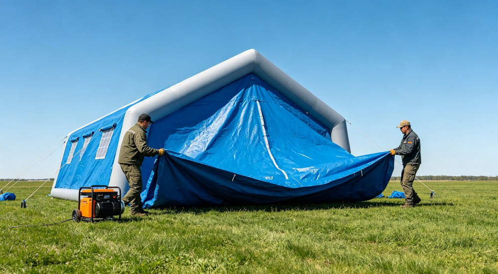High-quality photo of a 40 square meter inflatable disaster relief tent interior panoramic view showing spacious layout with electric air blower inflation system