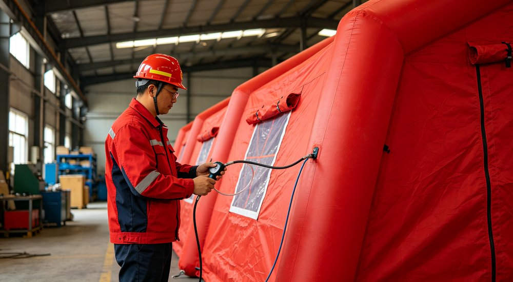 Cotton quilted insulated inner liner installed inside red fire rescue inflatable tent, thermal insulation layer for cold weather operations, warm interior lighting, professional product detail photography