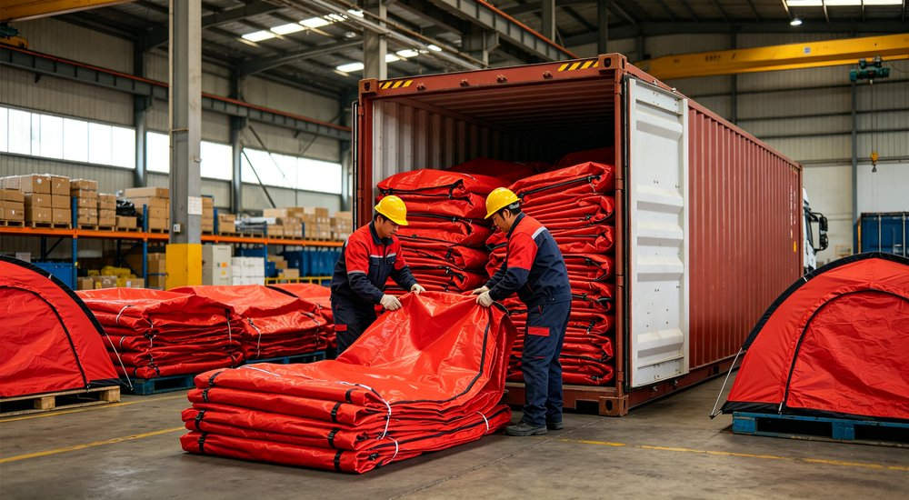 Medical triage configuration inside red fire rescue inflatable tent with treatment areas, first aid supplies and medical personnel, emergency response setup, professional interior photography