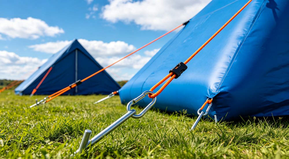 High-quality photo of a 40 square meter inflatable disaster relief tent interior panoramic view showing spacious layout used in disaster relief and humanitarian aid operations in white color with red cross medical markings