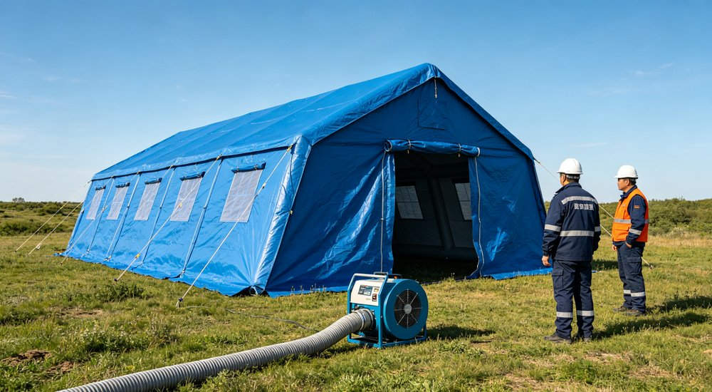 High-quality photo of a 40 square meter inflatable disaster relief tent captured from an aerial overhead perspective professional grade emergency shelter equipment suitable for field hospital deployment and disaster response operations