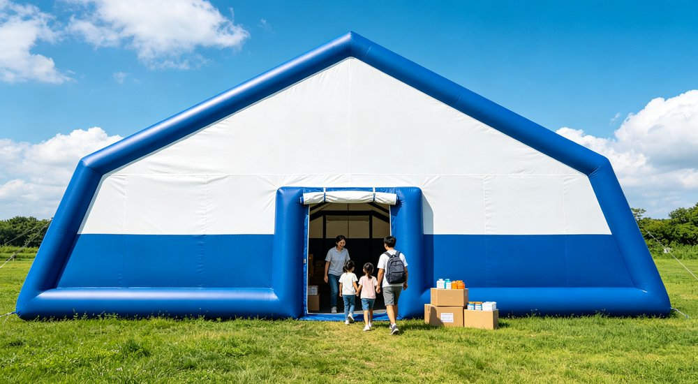 High-quality photo of a 40 square meter inflatable disaster relief tent showing a 45-degree side angle view used in disaster relief and humanitarian aid operations