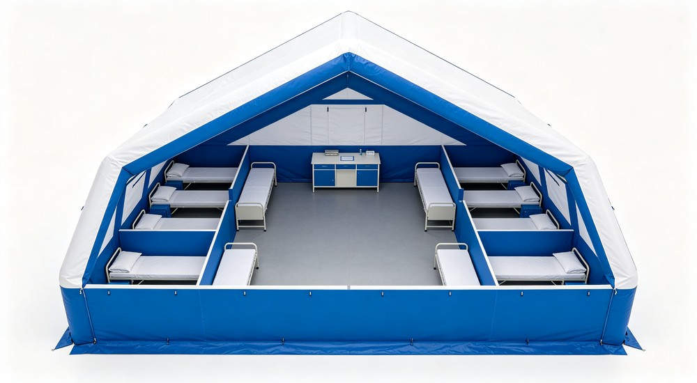 High-quality photo of a 40 square meter inflatable disaster relief tent captured from an aerial overhead perspective used in disaster relief and humanitarian aid operations in white color with red cross medical markings High-quality photo of a 40 square meter inflatable disaster relief tent captured from an aerial overhead perspective used in disaster relief and humanitarian aid operations in white color with red cross medical markings