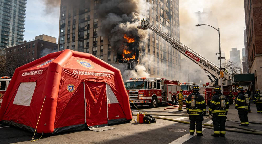 Fire rescue inflatable tent interior with communication radios, maps on wall, tactical planning board, warm lighting, professional B2B product photography