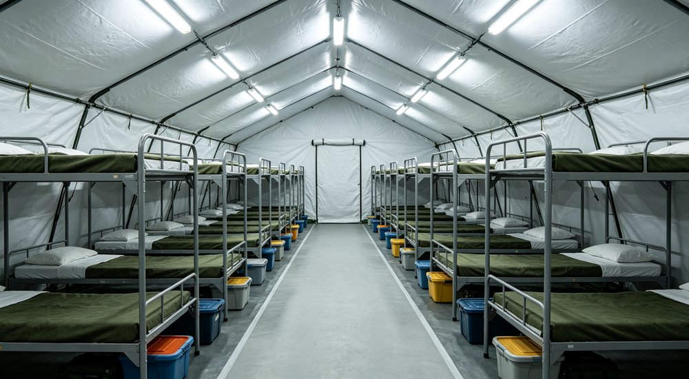High-quality photo of a 40 square meter inflatable disaster relief tent full exterior view showing complete structure used in disaster relief and humanitarian aid operations