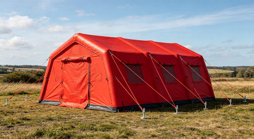Fire retardant fabric test certificate and CPAI-84 testing equipment with red fire rescue tent material sample, laboratory safety compliance testing, professional industrial photography
