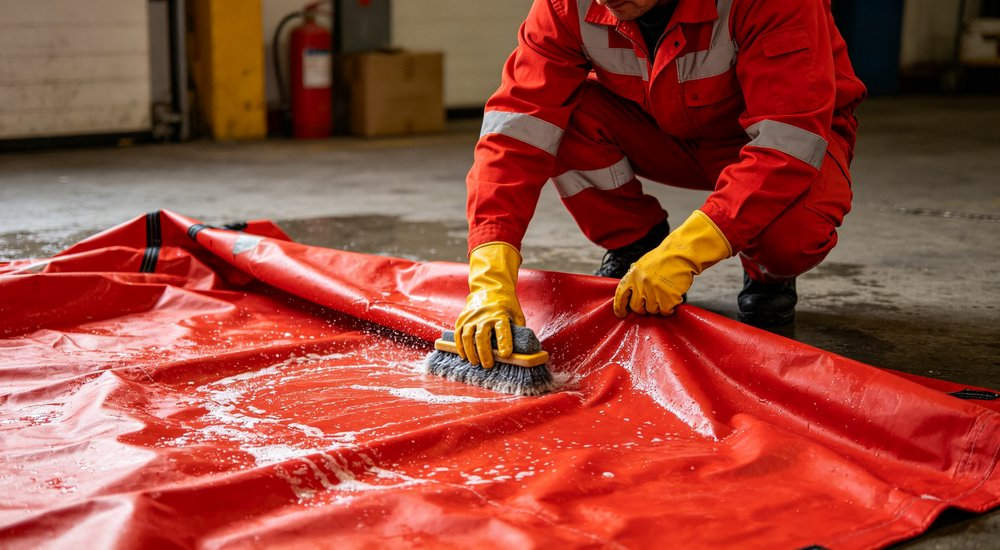 Canvas fabric waterproof test with water droplets beading on red fire rescue tent material surface, laboratory quality testing equipment, professional product detail photography