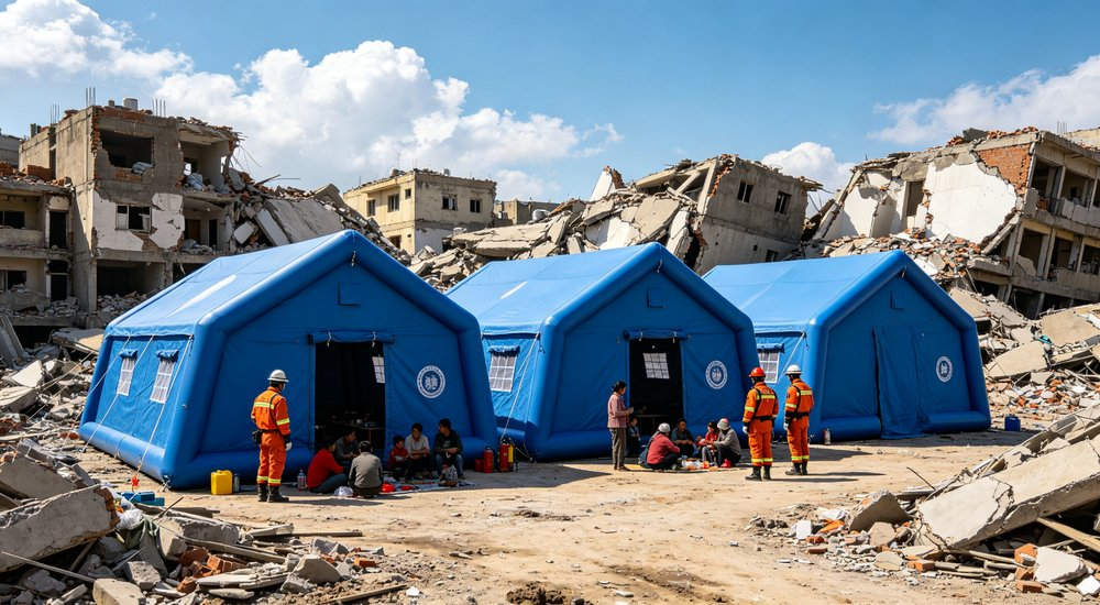 High-quality photo of a 40 square meter inflatable disaster relief tent full exterior view showing complete structure used in disaster relief and humanitarian aid operations