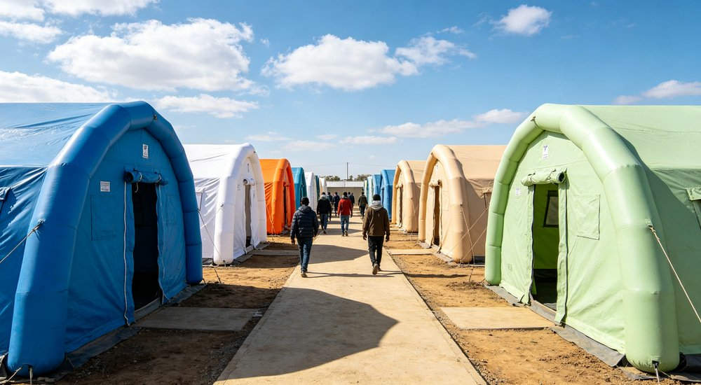 High-quality photo of a 40 square meter inflatable disaster relief tent full exterior view showing complete structure professional grade emergency shelter equipment suitable for field hospital deployment and disaster response operations