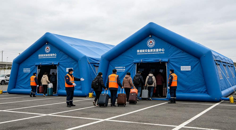 High-quality photo of a 40 square meter inflatable disaster relief tent interior panoramic view showing spacious layout used in disaster relief and humanitarian aid operations