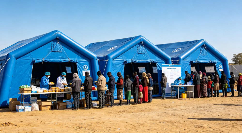 High-quality photo of a 40 square meter inflatable disaster relief tent interior panoramic view showing spacious layout used in disaster relief and humanitarian aid operations