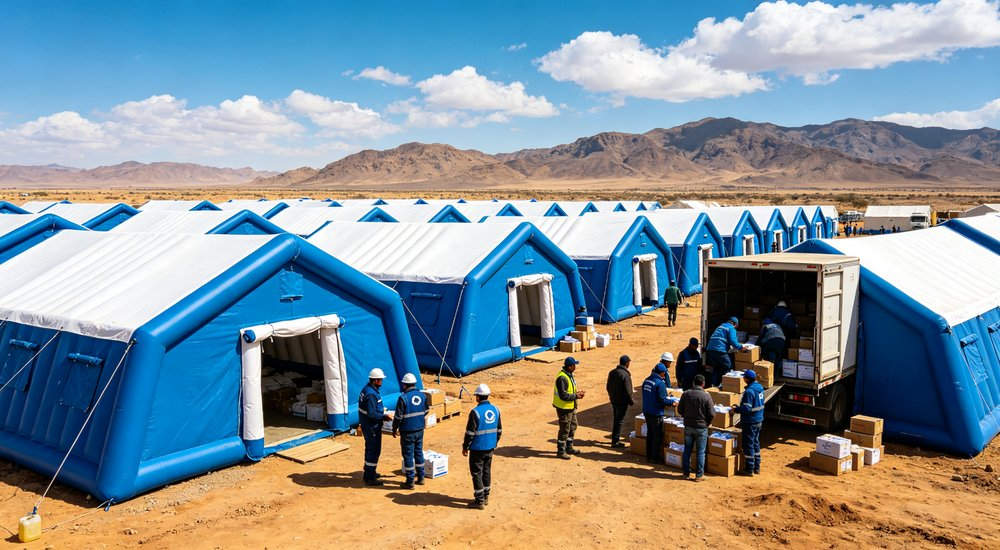 High-quality photo of a 40 square meter inflatable disaster relief tent interior panoramic view showing spacious layout used in disaster relief and humanitarian aid operations