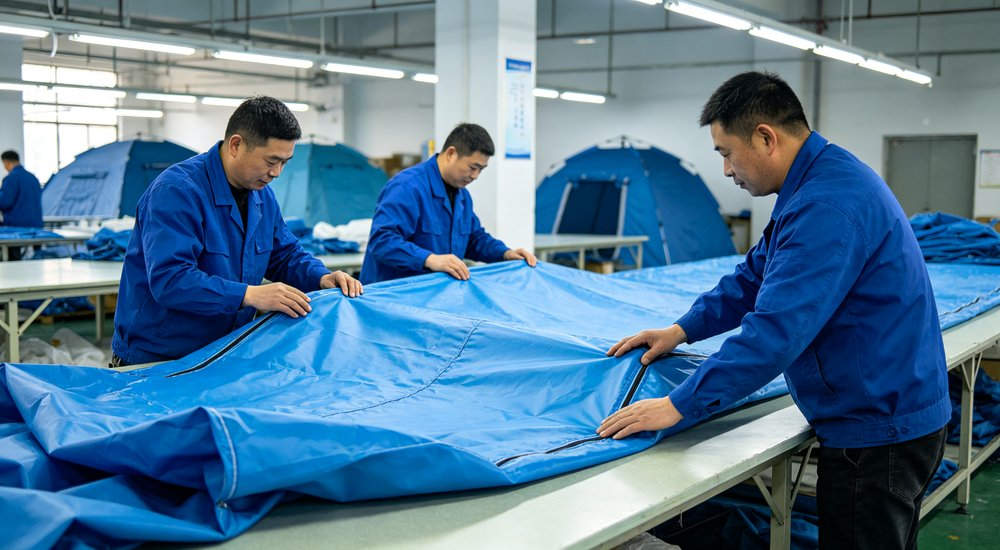 High-quality photo of a 40 square meter inflatable disaster relief tent interior panoramic view showing spacious layout used in disaster relief and humanitarian aid operations