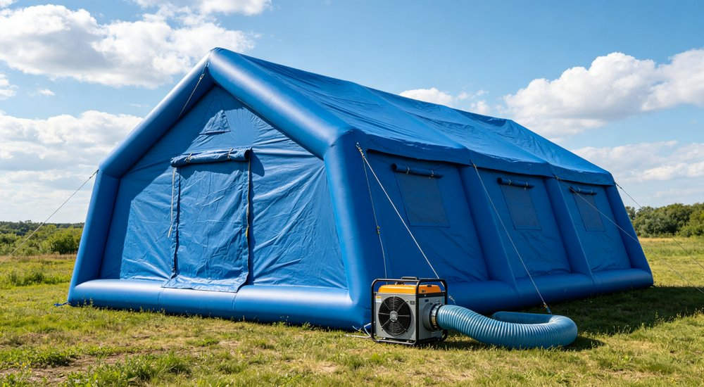 High-quality photo of a 40 square meter inflatable disaster relief tent interior panoramic view showing spacious layout used in disaster relief and humanitarian aid operations