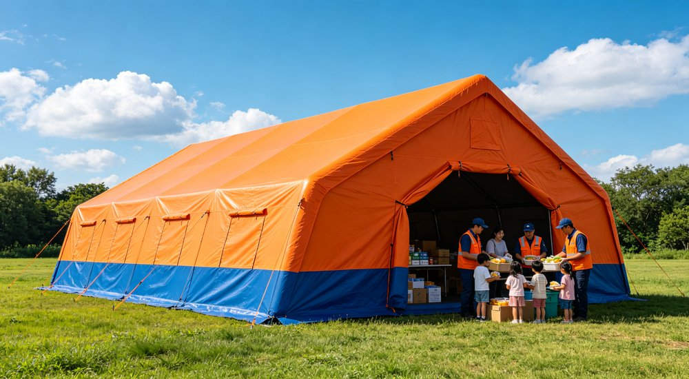 High-quality photo of a 40 square meter inflatable disaster relief tent full exterior view showing complete structure used in disaster relief and humanitarian aid operations