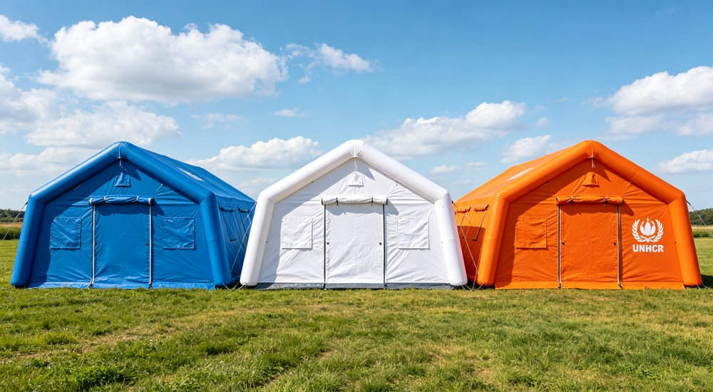 High-quality photo of a 40 square meter inflatable disaster relief tent showing a 45-degree side angle view used in disaster relief and humanitarian aid operations