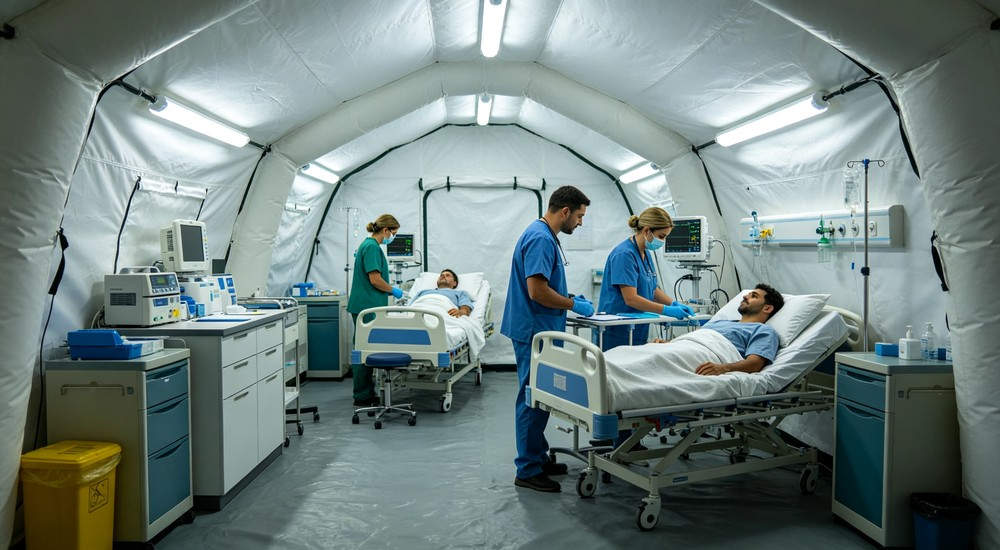 High-quality photo of a 40 square meter inflatable disaster relief tent interior panoramic view showing spacious layout professional grade emergency shelter equipment suitable for field hospital deployment and disaster response operations