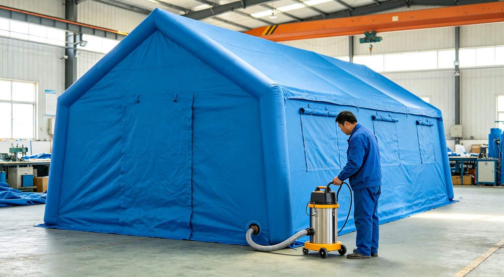High-quality photo of a 40 square meter inflatable disaster relief tent full exterior view showing complete structure used in disaster relief and humanitarian aid operations