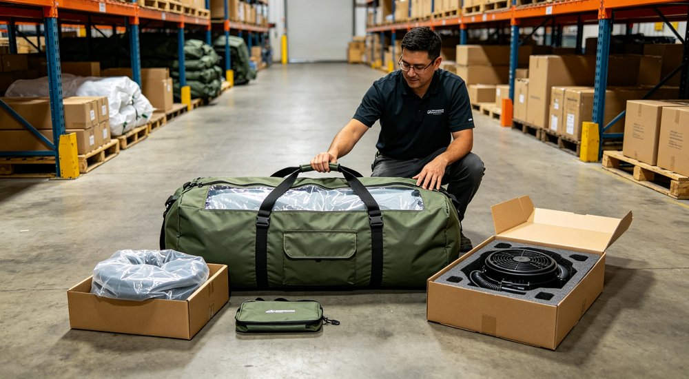 High-quality photo of a 40 square meter inflatable disaster relief tent full exterior view showing complete structure used in disaster relief and humanitarian aid operations