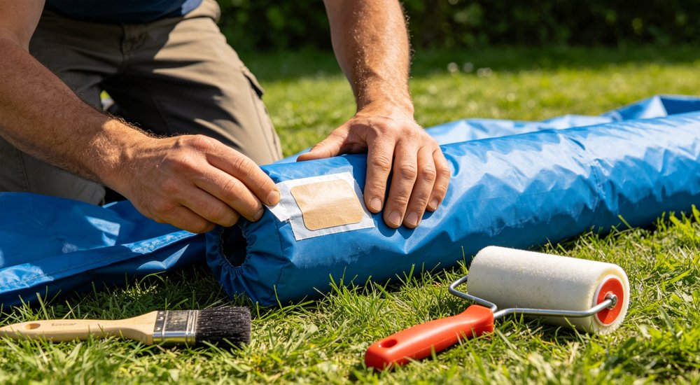 High-quality photo of a 40 square meter inflatable disaster relief tent captured from an aerial overhead perspective used in disaster relief and humanitarian aid operations