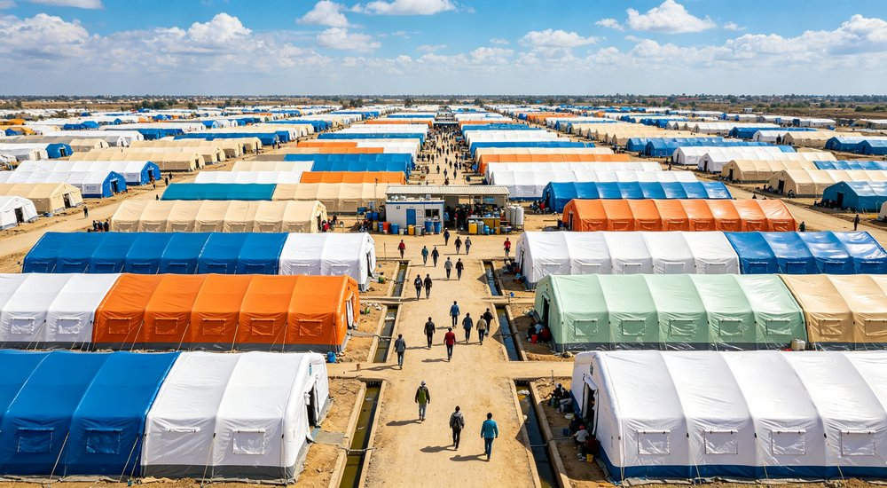 High-quality photo of a 40 square meter inflatable disaster relief tent full exterior view showing complete structure professional grade emergency shelter equipment suitable for field hospital deployment and disaster response operations