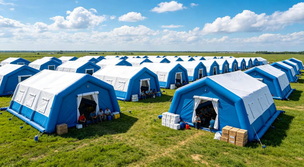 High-quality photo of a 40 square meter inflatable disaster relief tent full exterior view showing complete structure professional grade emergency shelter equipment suitable for field hospital deployment and disaster response operations