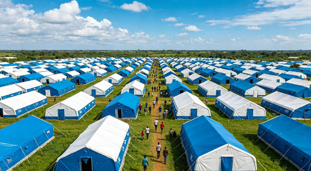 High-quality photo of a 40 square meter inflatable disaster relief tent captured from an aerial overhead perspective used in disaster relief and humanitarian aid operations