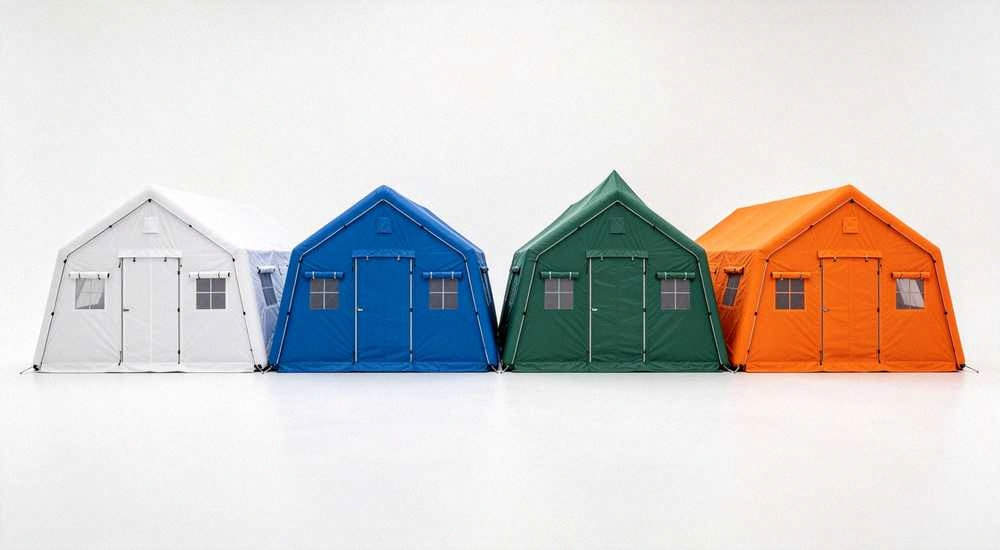 High-quality photo of a 40 square meter inflatable disaster relief tent full exterior view showing complete structure in white color with red cross medical markings