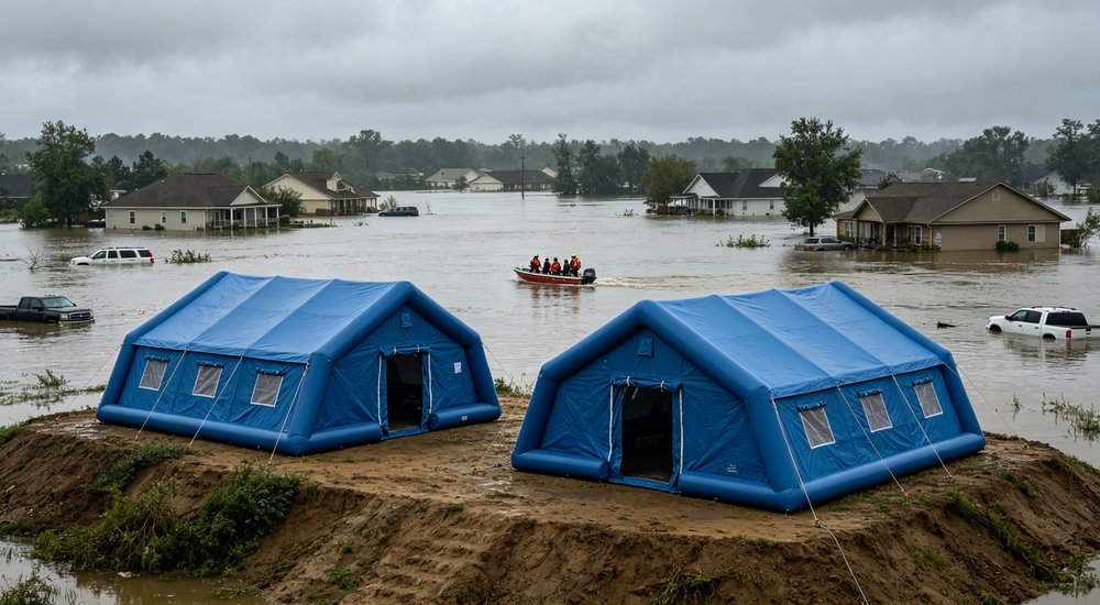 High-quality photo of a 40 square meter inflatable disaster relief tent full exterior view showing complete structure used in disaster relief and humanitarian aid operations