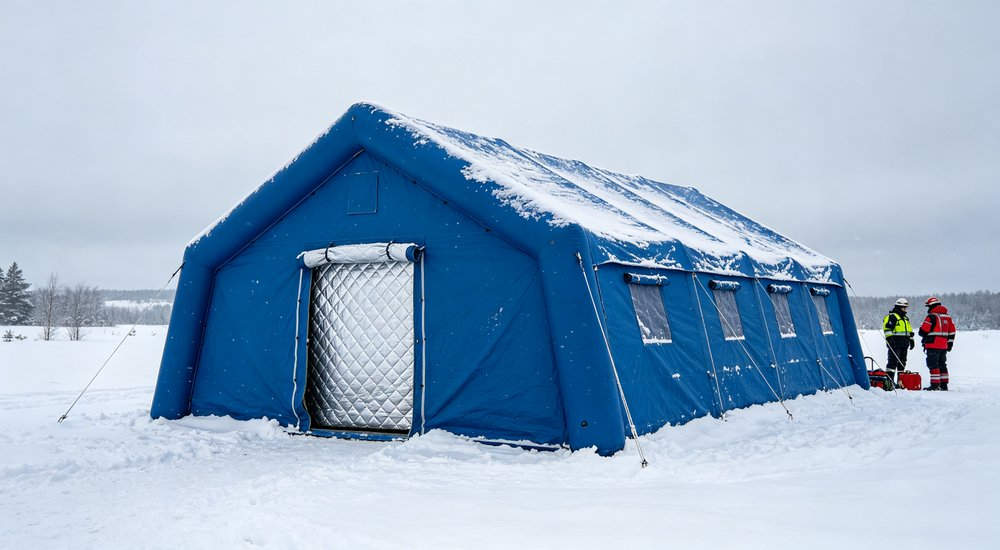 High-quality photo of a 40 square meter inflatable disaster relief tent full exterior view showing complete structure showing durable waterproof PVC fabric material in blue and white color scheme