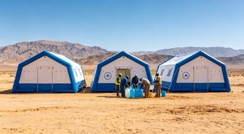 High-quality photo of a 40 square meter inflatable disaster relief tent full exterior view showing complete structure showing durable waterproof PVC fabric material