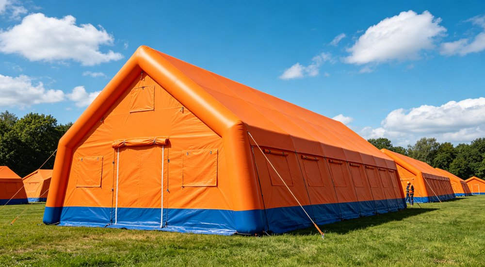 High-quality photo of a 40 square meter inflatable disaster relief tent full exterior view showing complete structure used in disaster relief and humanitarian aid operations