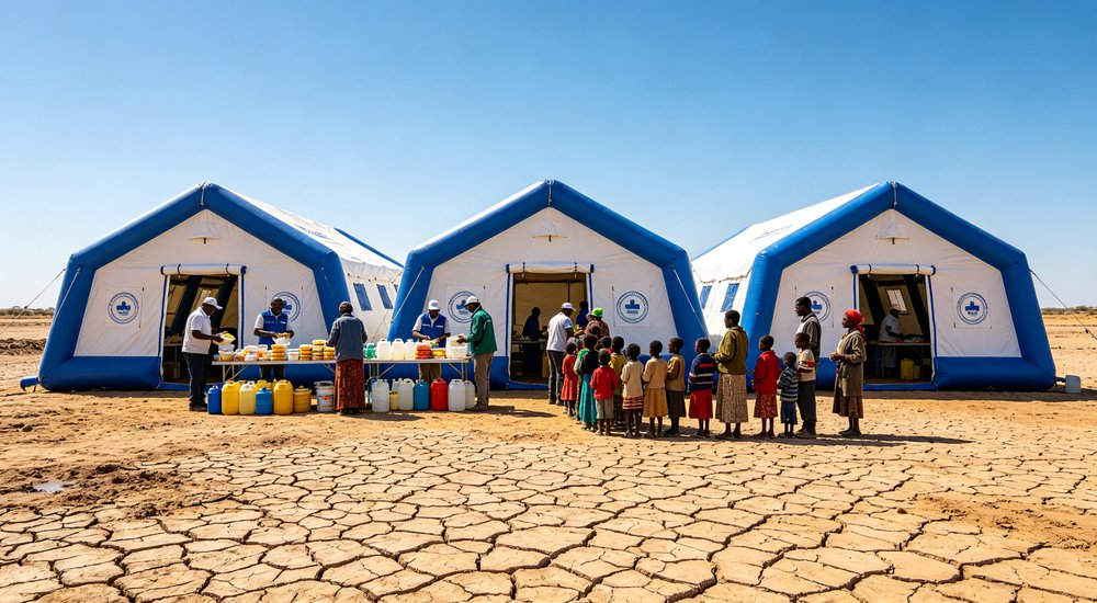 High-quality photo of a 40 square meter inflatable disaster relief tent full exterior view showing complete structure used in disaster relief and humanitarian aid operations