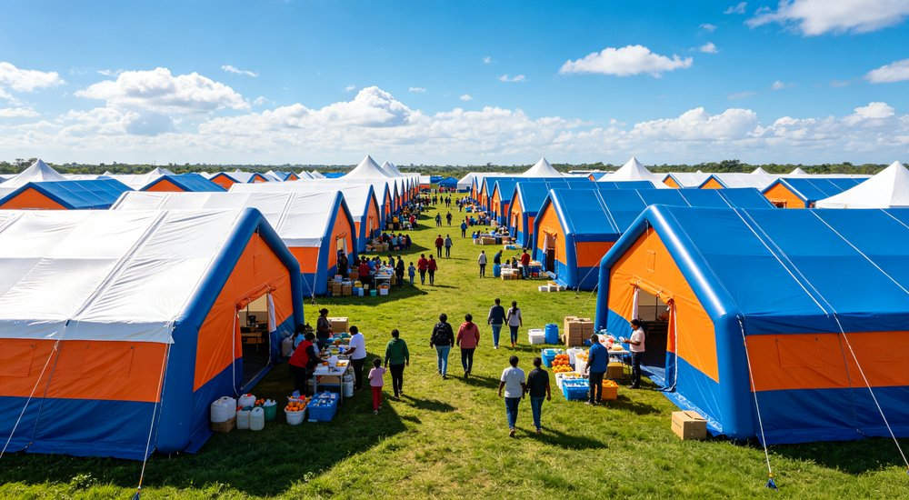 High-quality photo of a 40 square meter inflatable disaster relief tent full exterior view showing complete structure used in disaster relief and humanitarian aid operations