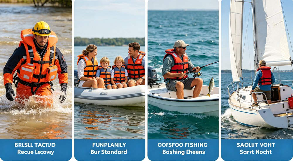 Life jacket selection guide four water scenarios collage showing flood rescue with professional rescuer family boating with parents and children offshore fishing and sailing with appropriate buoyancy levels for each activity