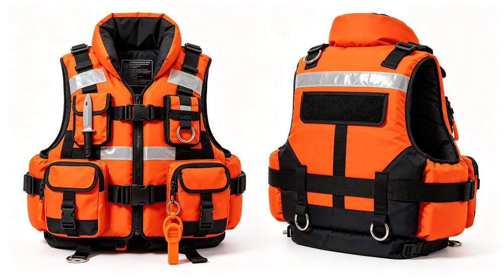 Professional heavy duty 275N rescue life jacket front and side view on white background showing high collar multiple utility pockets adjustable straps reflective tape whistle and D-ring attachments for professional water rescue operations Professional heavy duty 275N rescue life jacket front and side view on white background showing high collar multiple utility pockets adjustable straps reflective tape whistle and D-ring attachments for professional water rescue operations