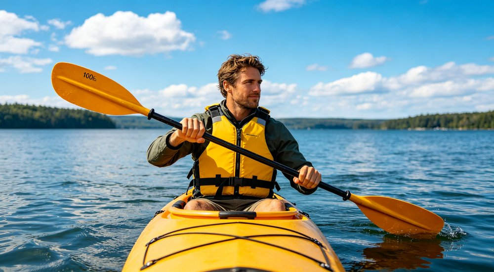 100N general purpose life jacket used by Caucasian adult male during kayaking on calm lake, suitable for inland water recreational boating and water safety activities