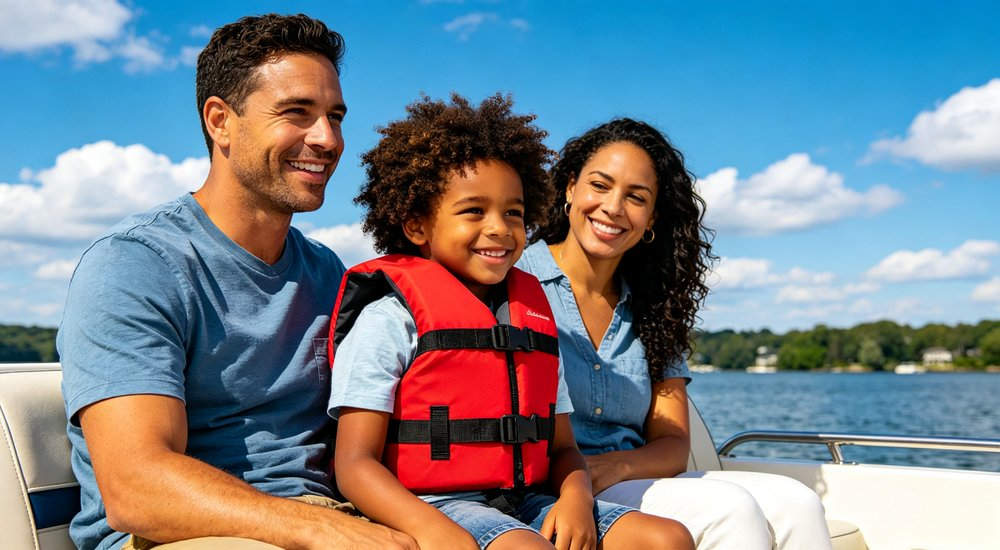 Child and youth life jacket worn by African American child during family boating trip with parents, safety equipment for kids and young adults on recreational water activities