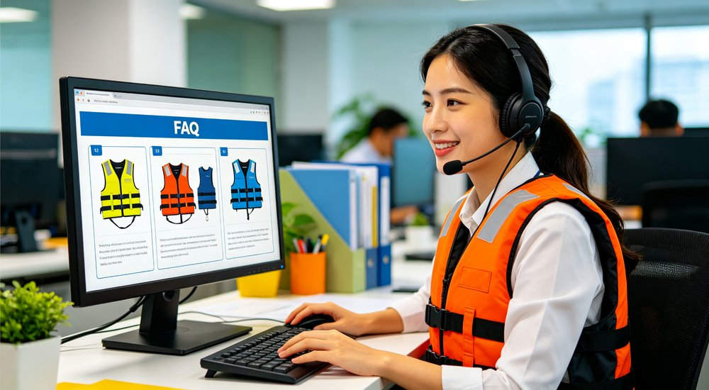 Life jacket FAQ customer service scene with Asian female representative answering buyer questions about life jacket selection sizing and certification through headset in modern office environment