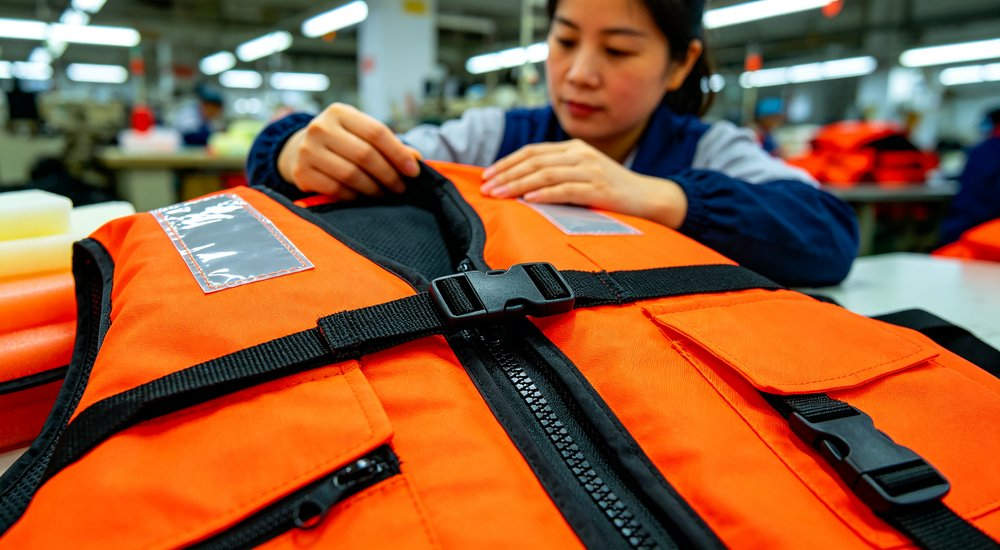 Life jacket material construction close up showing nylon fabric EPE foam layers reflective tape zipper and buckle details, Asian female factory worker inspecting quality in production workshop Life jacket material construction close up showing nylon fabric EPE foam layers reflective tape zipper and buckle details, Asian female factory worker inspecting quality in production workshop