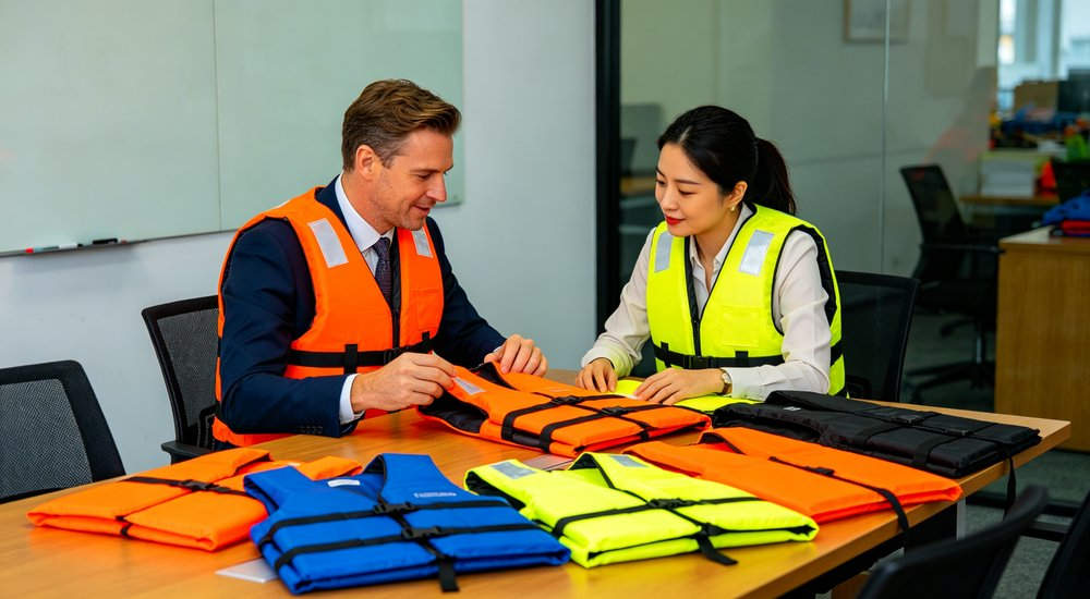Wholesale life jackets bulk order business negotiation between Caucasian male buyer and Asian female sales manager reviewing orange yellow blue black life jacket samples for custom OEM ODM manufacturing