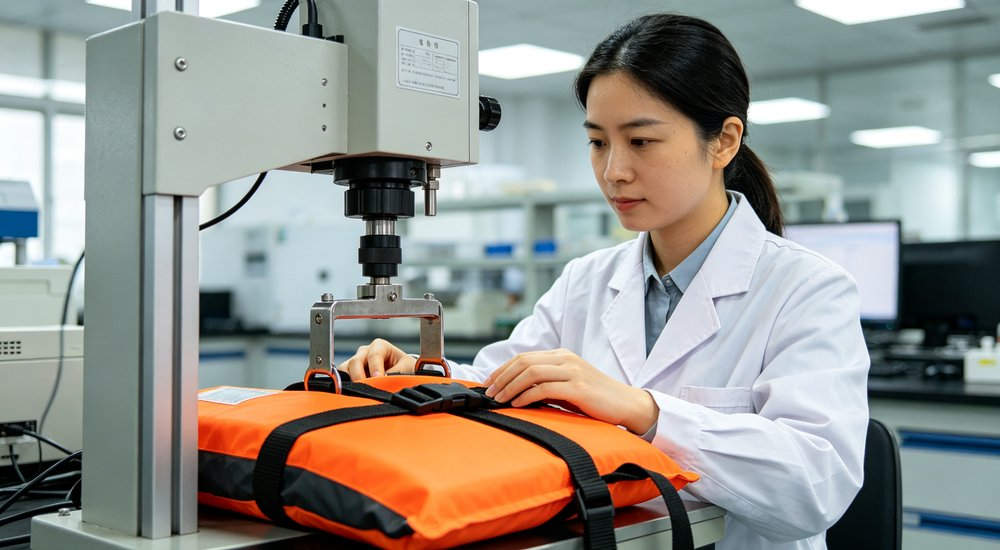 Life-Jackets lab tensile strength test to verify strap load capacity for institutional bulk procurement